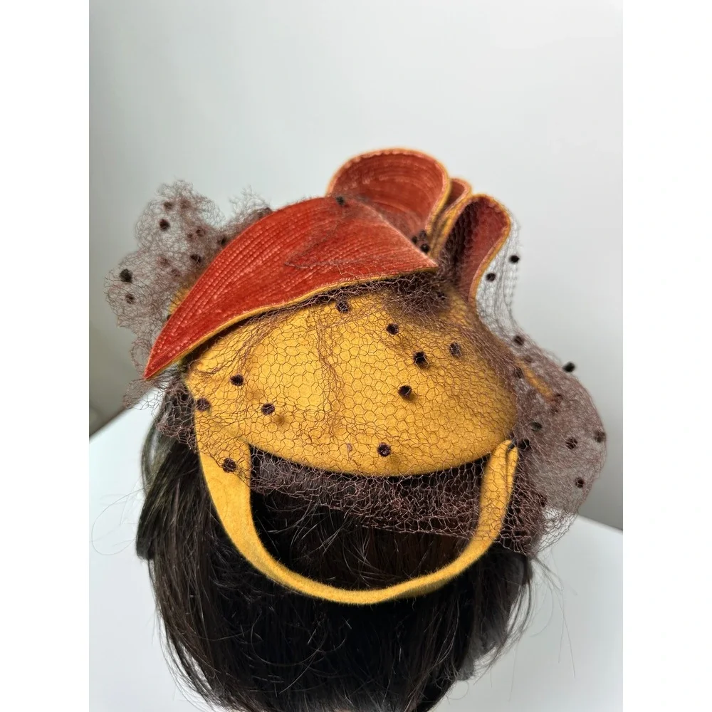 Vintage 1940s Tilt Hat Mustard Yellow Felt Brown Velvet Leaves Eagle Handcraft